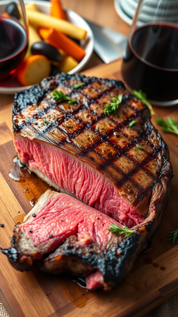 A perfectly cooked medium-rare steak with pink center, garnished with herbs, on a wooden board with sides.